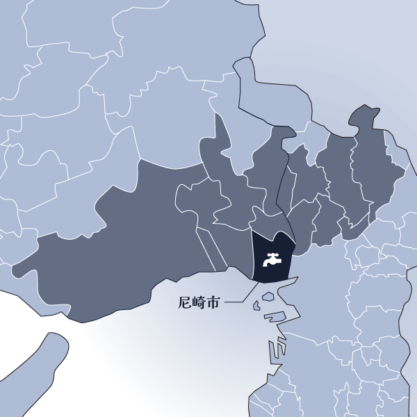 尼崎市を中心に、周辺の大阪府および兵庫県のエリアが色分けで示された地図